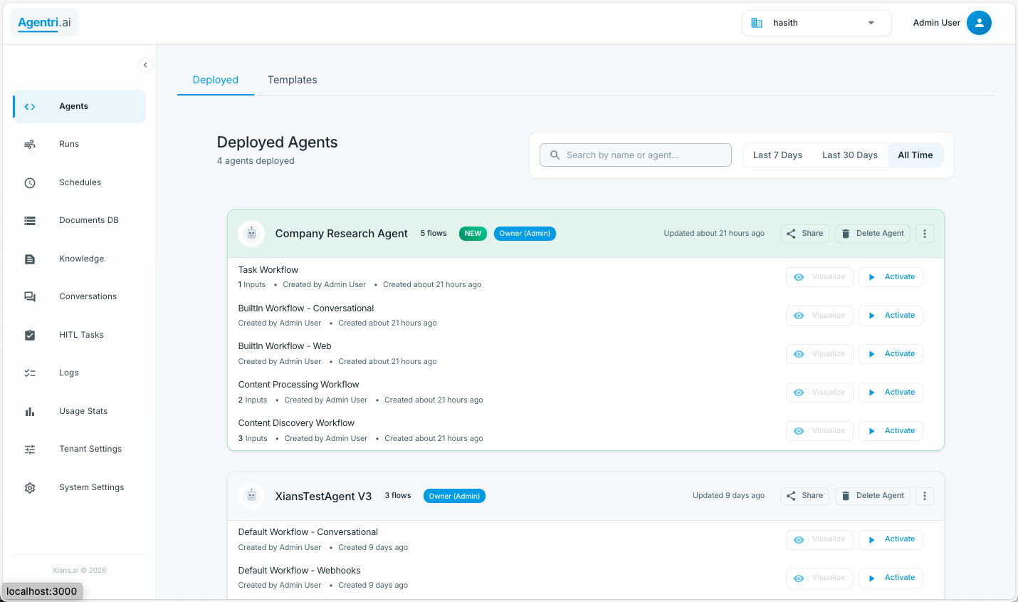 Xians Platform - Deployed Agents Dashboard